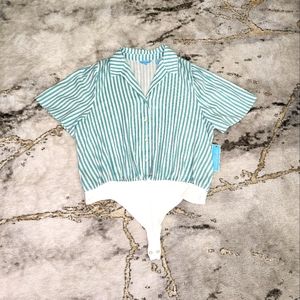 Women's Draper James XXL Green/White Button Down Bodysuit. NWT